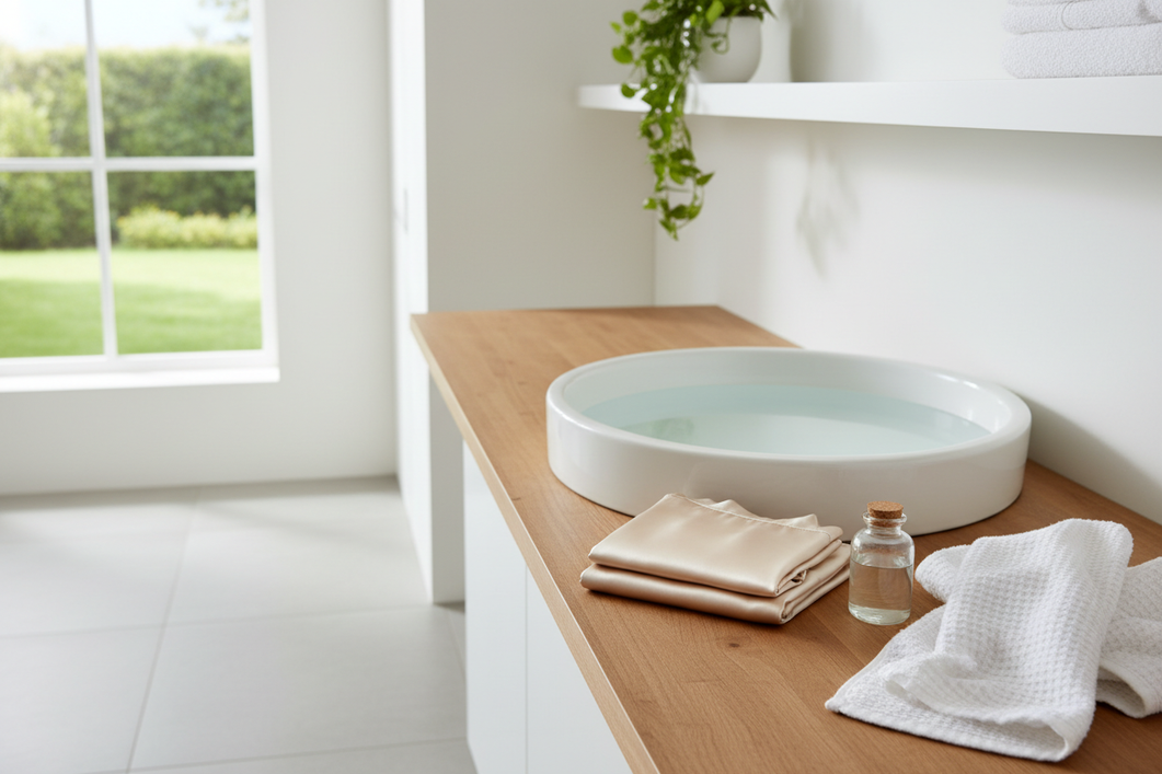 Silk pajamas on a clean bed with a gentle hand-wash setup nearby, showing delicate laundry care in a home setting