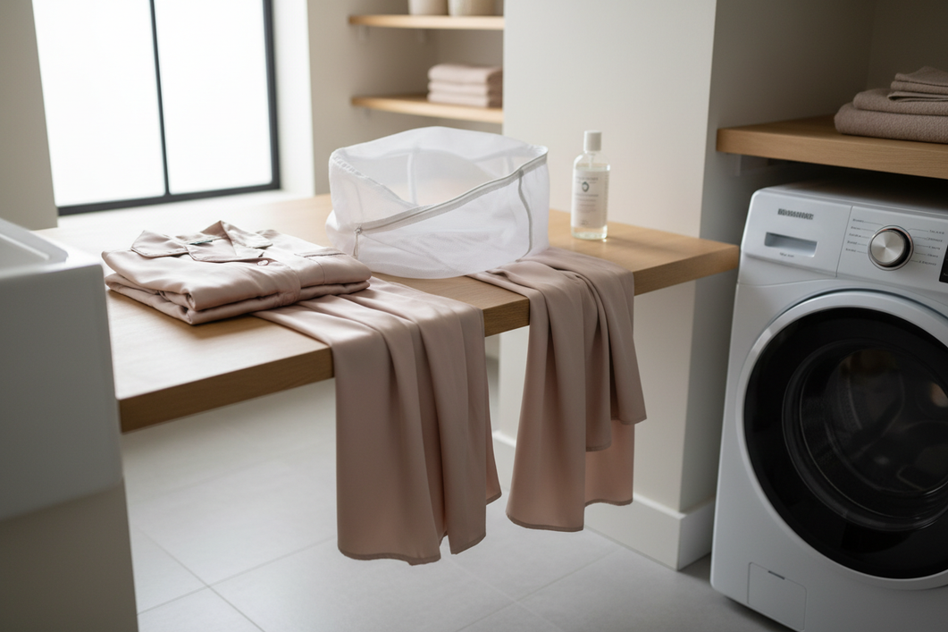 Silk pajama set in a laundry room beside a mesh wash bag and a modern washing machine, shown as a safe laundry care setup for delicate fabrics.
