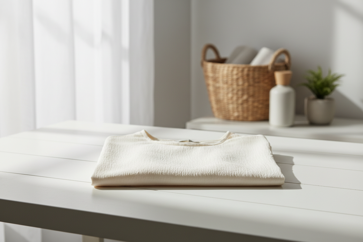 Silk garment laid out on a clean surface after washing, showing a stiff, papery hand feel