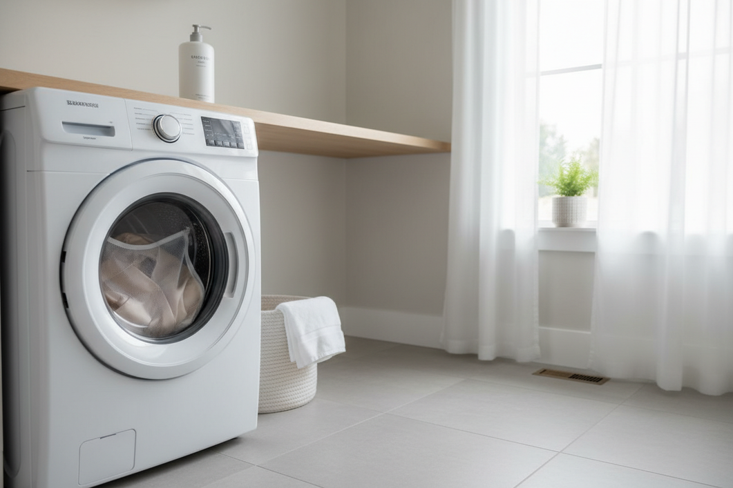 Gentle laundry setup with a silk garment in a mesh bag beside a washing machine and detergent container