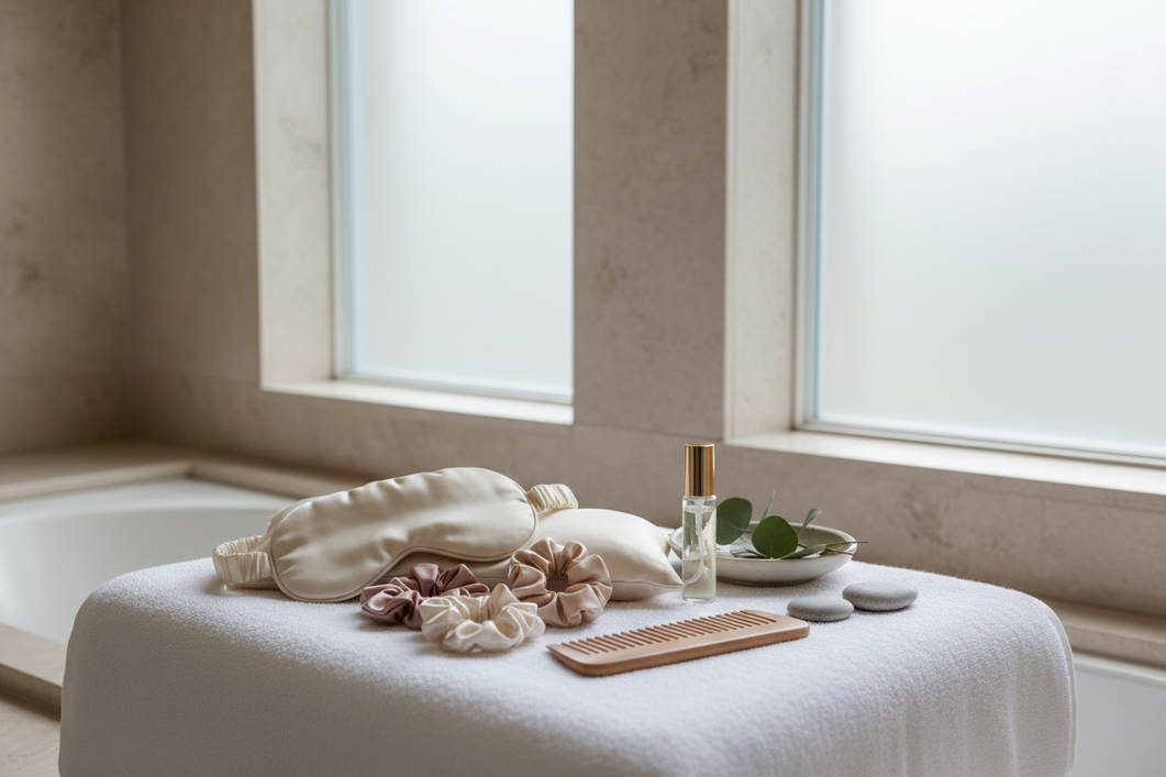 Silk sleep accessories and spa items arranged after a steam room session, showing a calm post-use refresh scene.