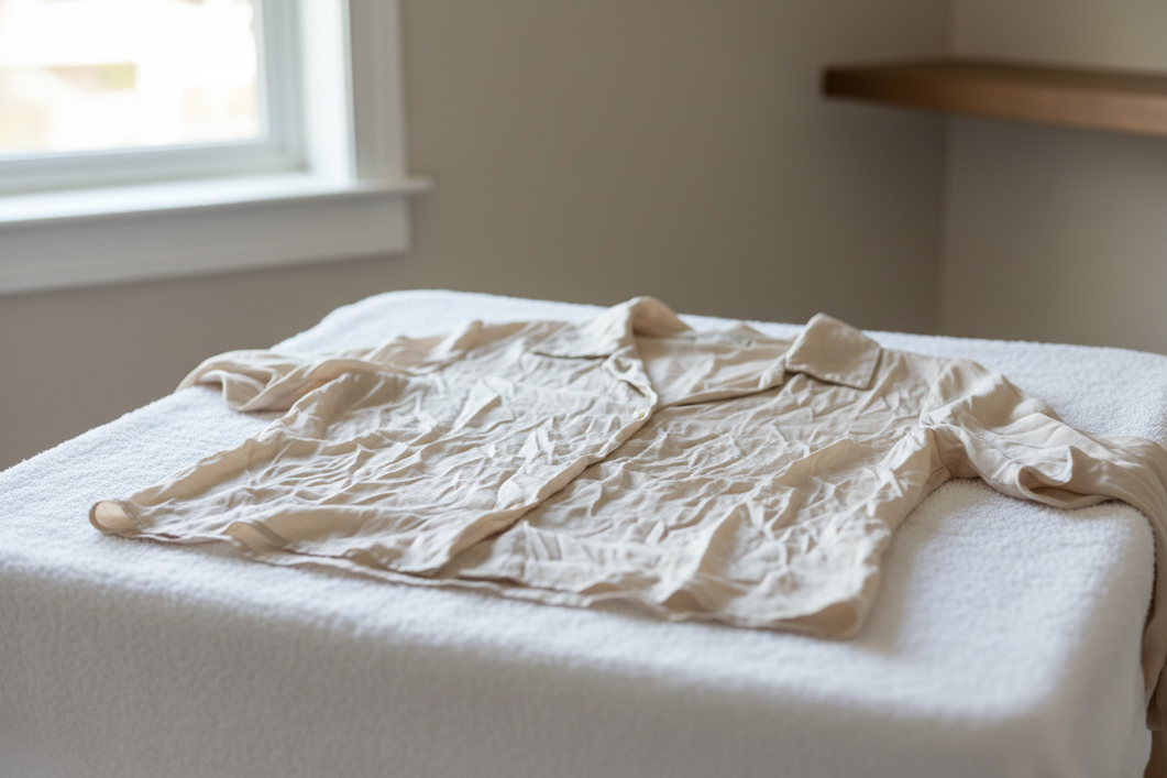Silk garment laid flat on a clean towel after washing, with visible puckering and bubbling texture on the surface