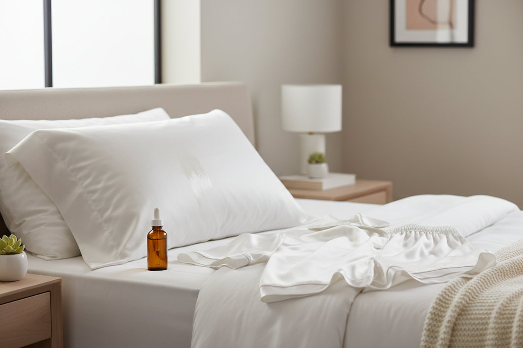 Silk pillowcase and silk pajamas laid out beside a skincare bottle on a bedroom bed, showing fresh benzoyl peroxide exposure before washing