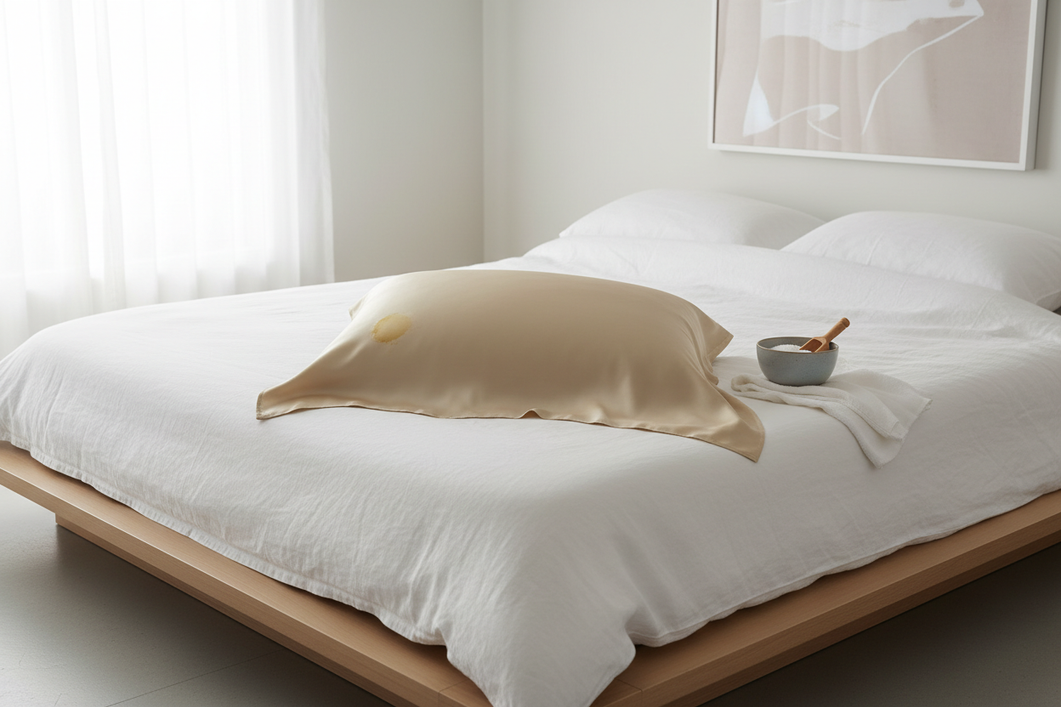 White silk pillowcase with a faint yellow serum stain beside a small bowl of gentle laundry detergent on a neatly made bed