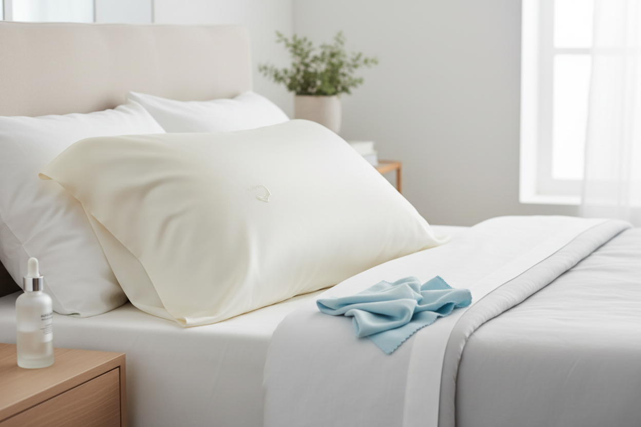 Silk pillowcase on a bed beside a skincare bottle and a soft cloth, showing a gentle cleaning setup after a small cosmetic spill.