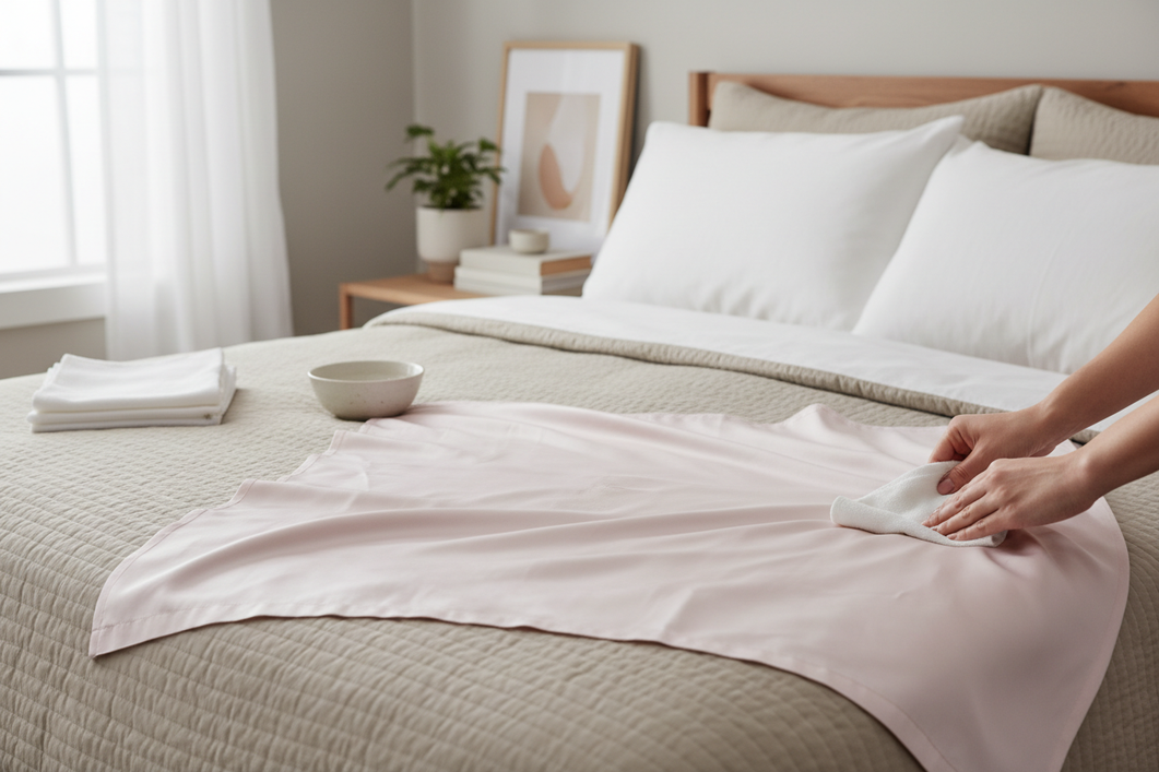 Silk pillowcase laid flat on a bed beside a small bowl of gentle laundry wash and a clean white cloth, with a faint tacky skincare mark being blotted before washing