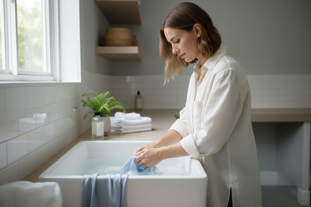 Silk garment being gently hand-washed in a clean basin with mild detergent, soft daylight, and a careful rinse setup