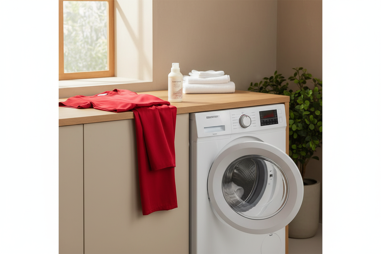 Women’s silk pajama set laid out on a clean laundry surface beside a modern washing machine, suggesting a careful machine wash setup.