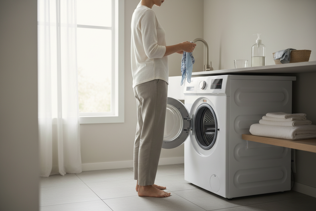 A silk garment being gently hand washed in a sink beside a modern front-load washer in a bright laundry room
