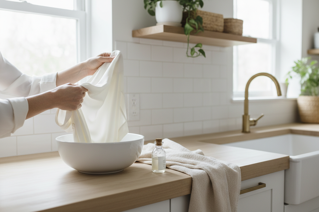 Silk blouse laid flat beside a gentle laundry setup with a small bowl and soft cloth, in a clean home laundry room