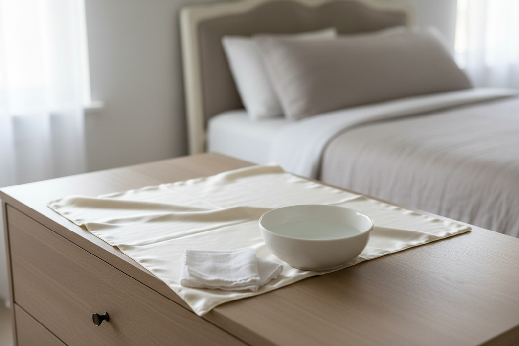 Silk pillowcase on a bedside table with a white cloth and a small basin nearby for gentle cleaning after skincare transfer