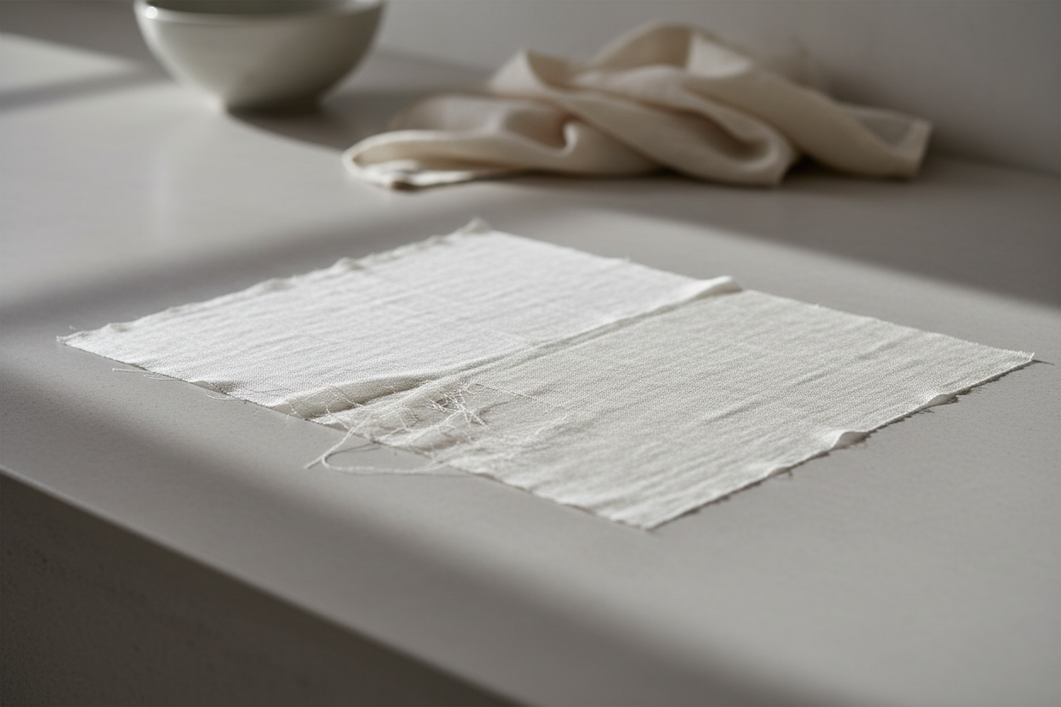 Close-up of a silk fabric swatch that looks stiff, dull, and slightly translucent under soft light