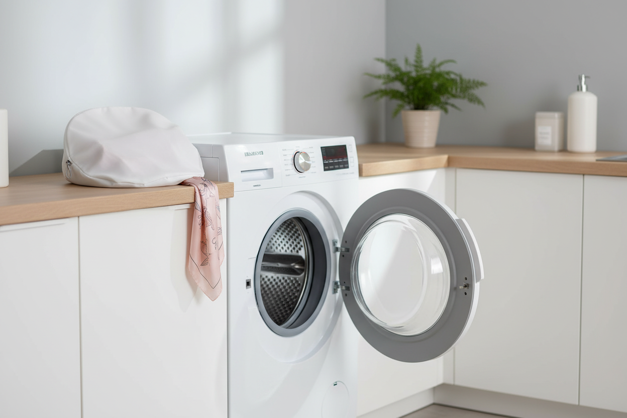 A delicate silk garment resting inside a mesh laundry bag beside a front-loading washing machine, shown in a clean laundry room with the door open.