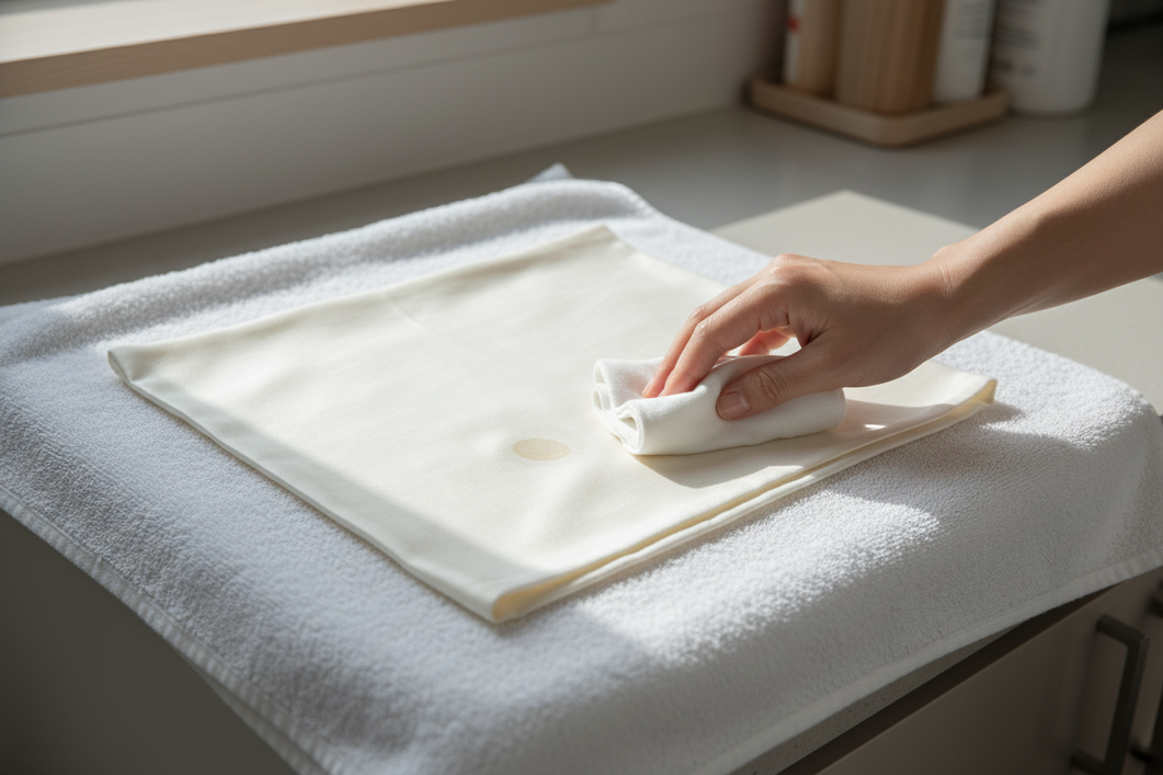 Close-up of a person blotting a silk fabric stain with a clean white cloth on a table before washing