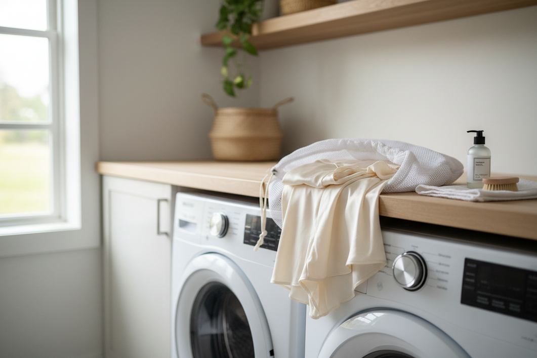 Silk pajamas and a delicate wash bag arranged on a bed near a laundry basket, showing a gentle care setup for preventing sheen loss after washing.