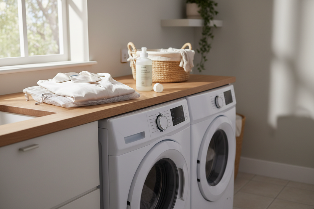 Silk sleepwear laid out beside a home washing machine in a laundry room, with a gentle wash setup ready for delicate care