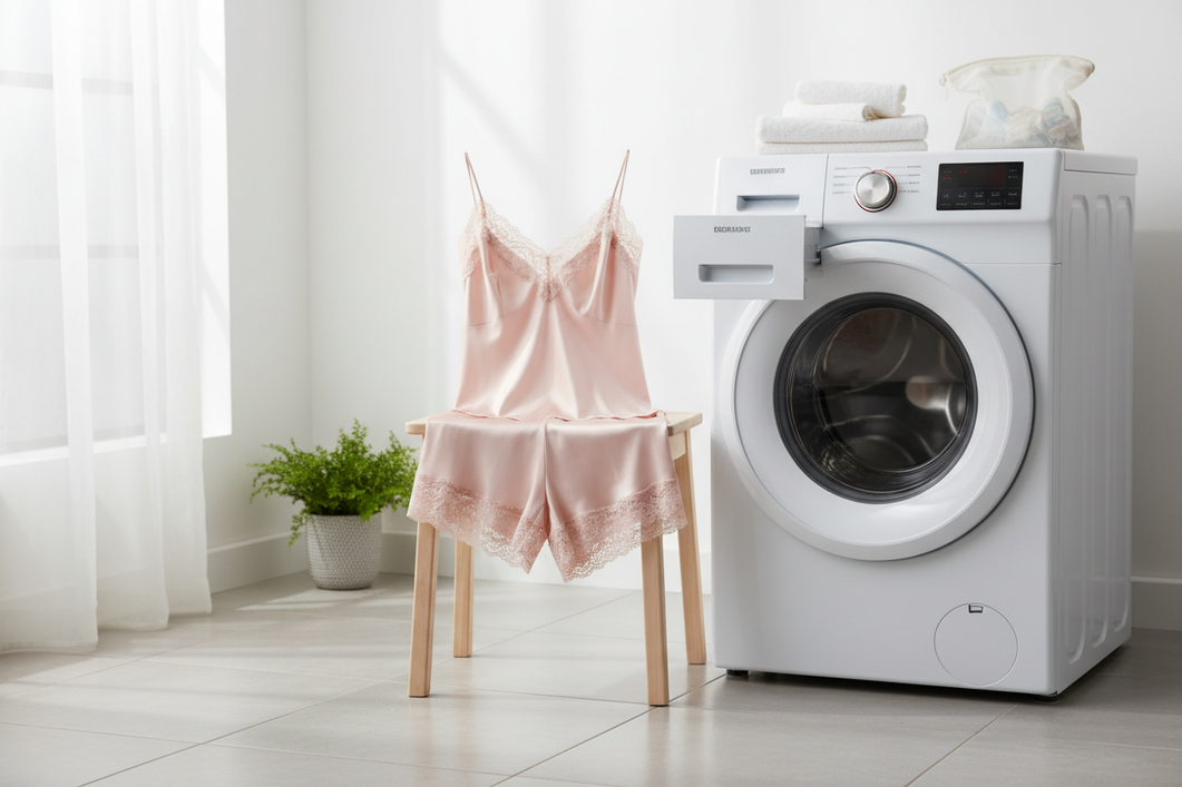 Silk pajama set beside a modern washing machine and open laundry setup for a gentle care decision