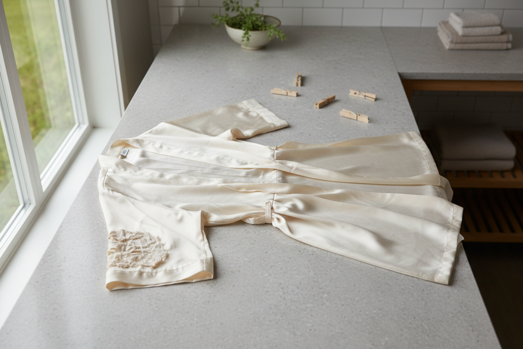 Silk garment laid flat after washing, showing a rough patch from hard-water residue