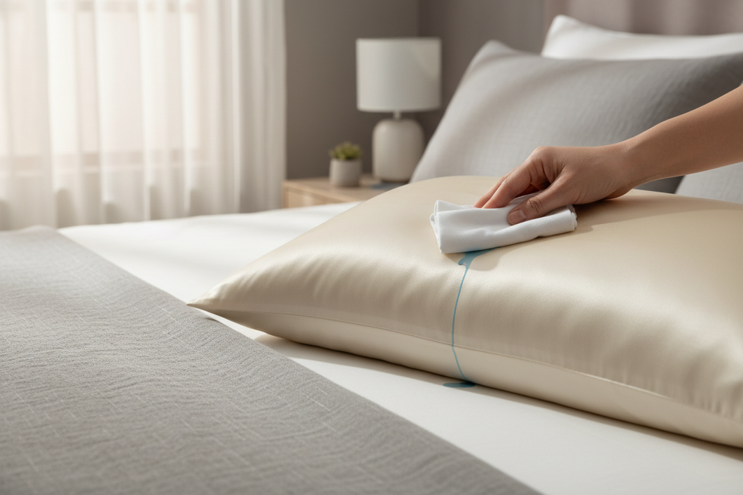 Silk pillowcase on a bed with a small fresh medication spill being gently blotted with a white cloth