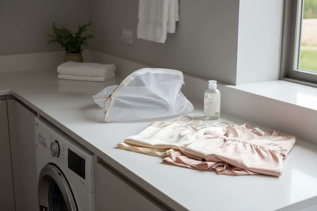 Silk pajamas and a mesh laundry bag arranged on a bathroom counter beside a washing machine door, showing a gentle home laundry setup for delicate fabric care.