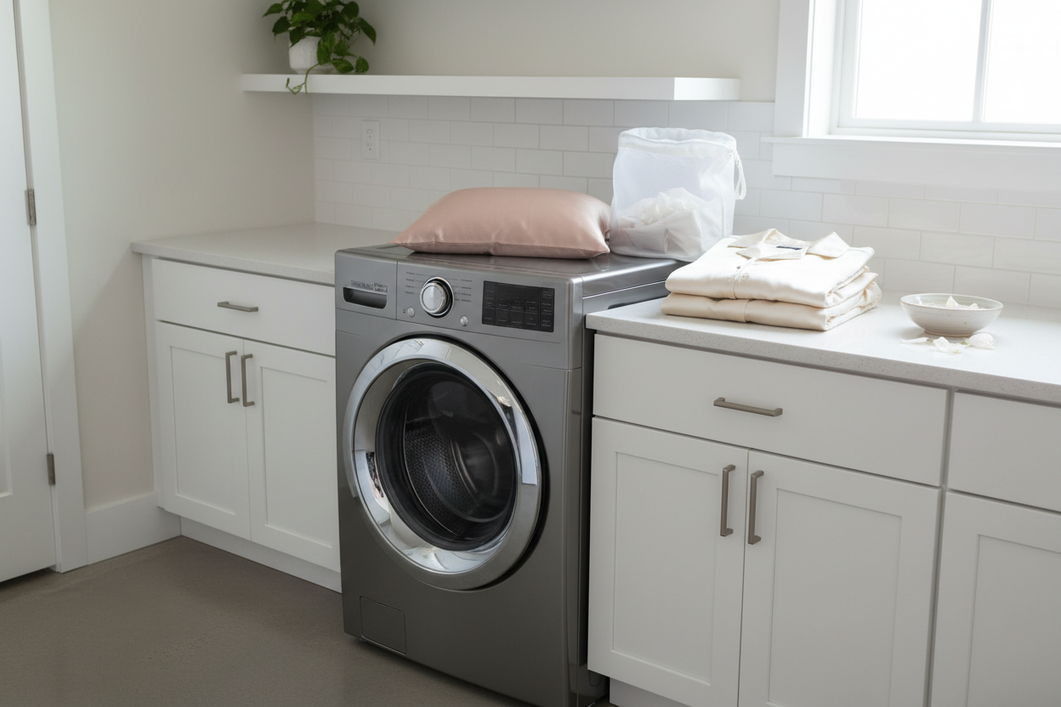 Silk pajamas and a silk pillowcase laid out on a clean laundry room counter beside a front-loading washing machine, with a delicate wash setup prepared for a gentle cycle.