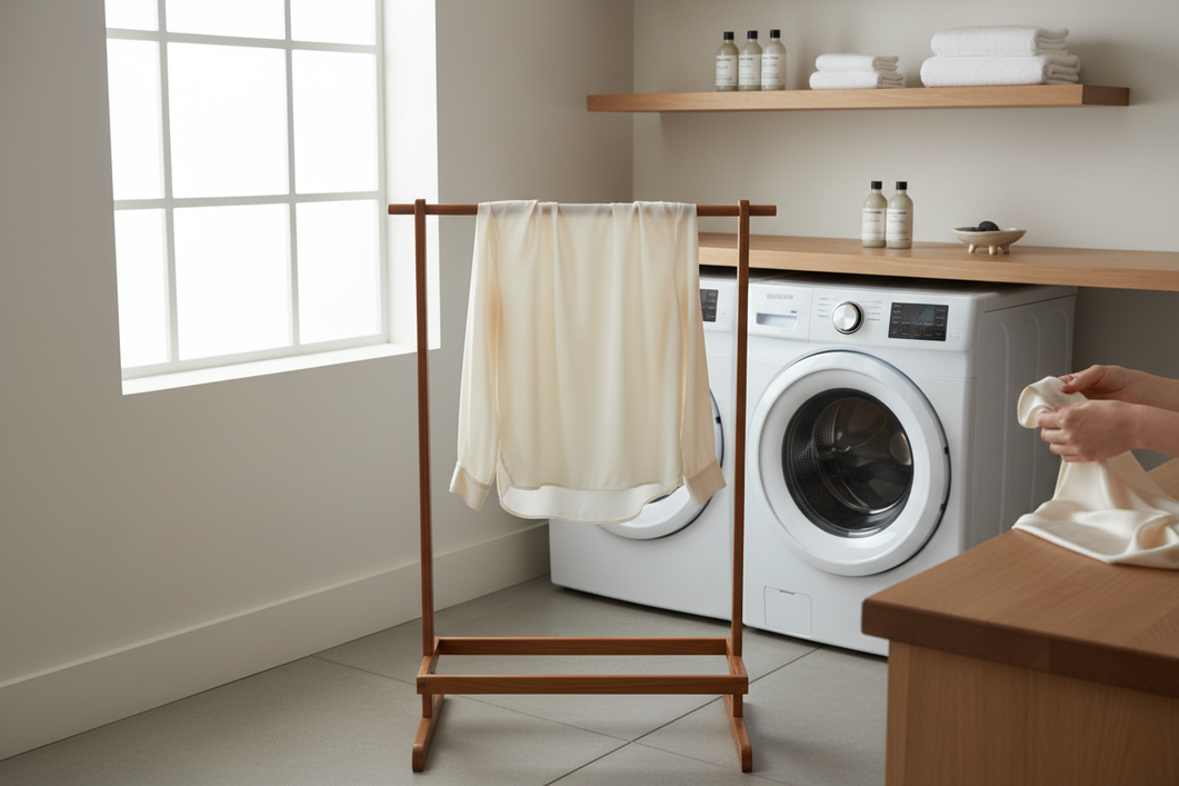 A silk garment draped on a laundry rack beside a modern washing machine and detergent tray, clean editorial cover image for delicate laundry care