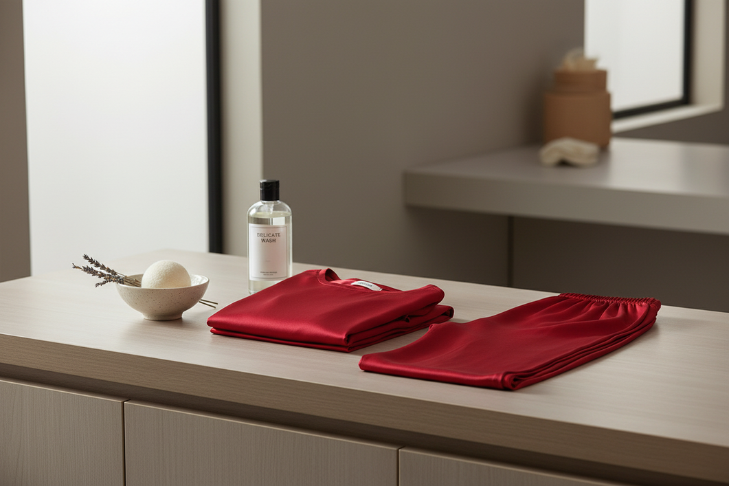 Close-up editorial product image of a silk sleep set arranged neatly for laundry care discussion