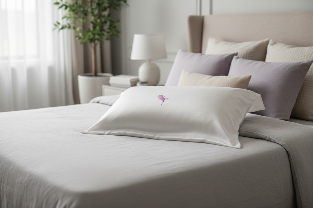 Silk pillowcase on a bed with a faint purple-red skincare stain near the center