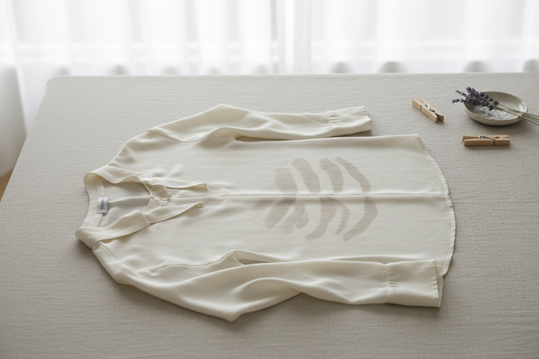 Silk garment laid flat after washing, showing a faint watermark pattern in natural light