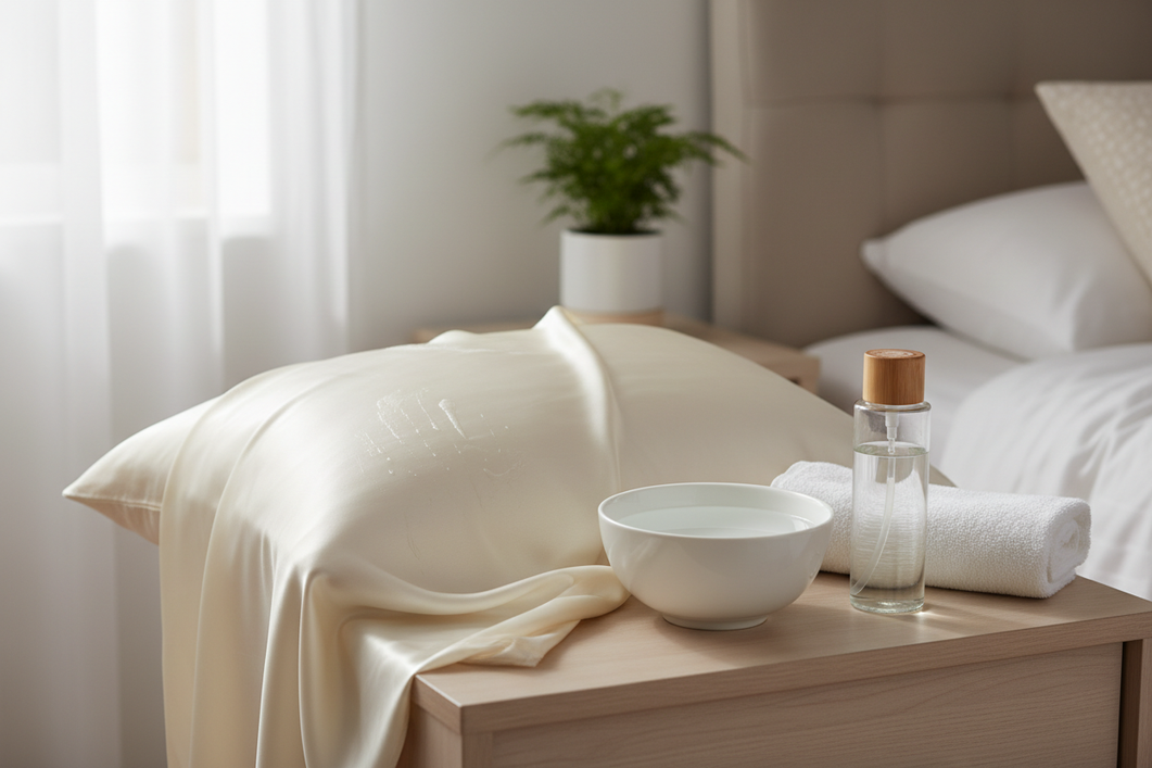 Silk pillowcase with faint white serum streaks beside a small bowl of cool water and gentle fabric cleanser on a clean bedside table