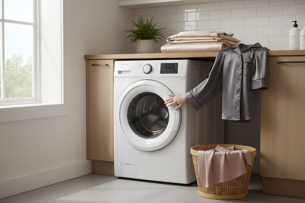 Silk sleepwear and bedding arranged on a clean laundry room counter beside a front-loading washer, showing a general machine-wash silk care setup
