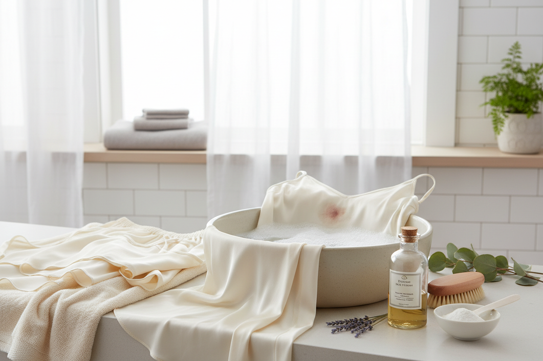 Silk pajamas laid out beside a small bowl and gentle laundry items for delicate hand washing after topical cream exposure