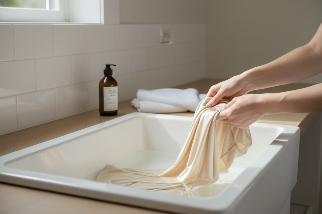 Two silk garments being gently rinsed in clean water at a sink, showing a soft sheen recovery care step