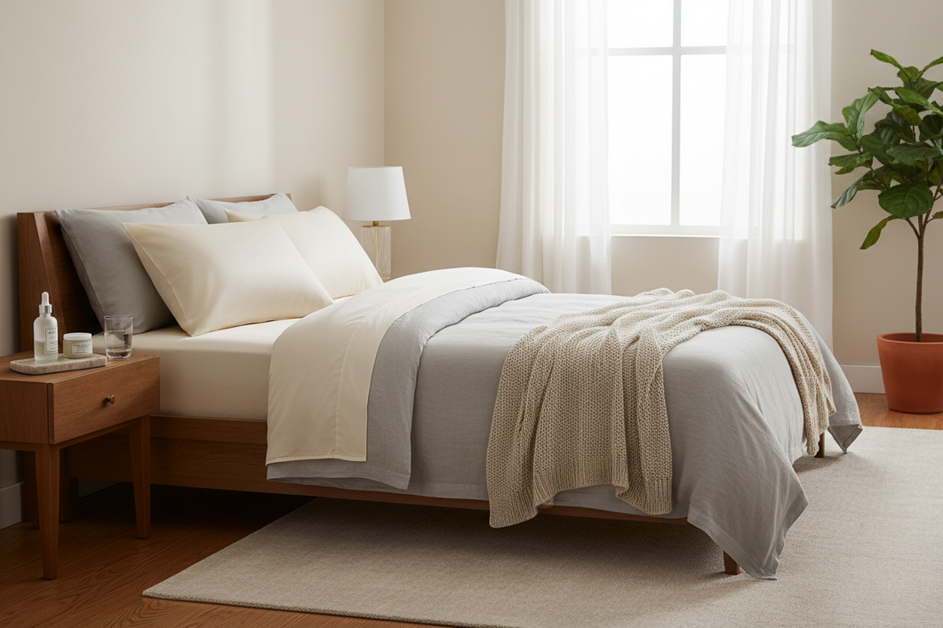 Silk pillowcase on a neatly made bed beside nighttime skincare products, showing a faint oily residue area being gently cared for