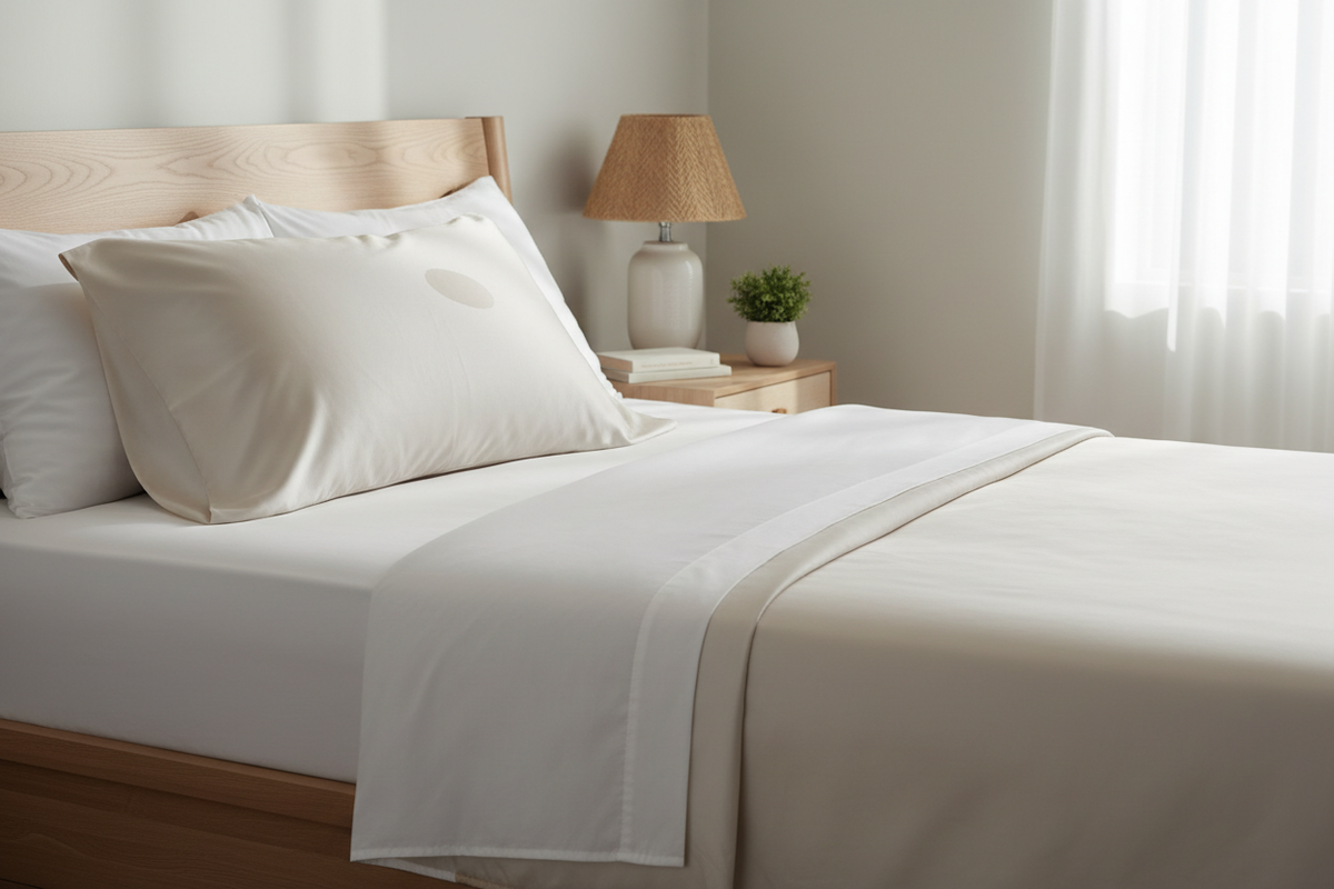 Silk pillowcase on a neatly made bed with a small fresh facial oil mark near the face area