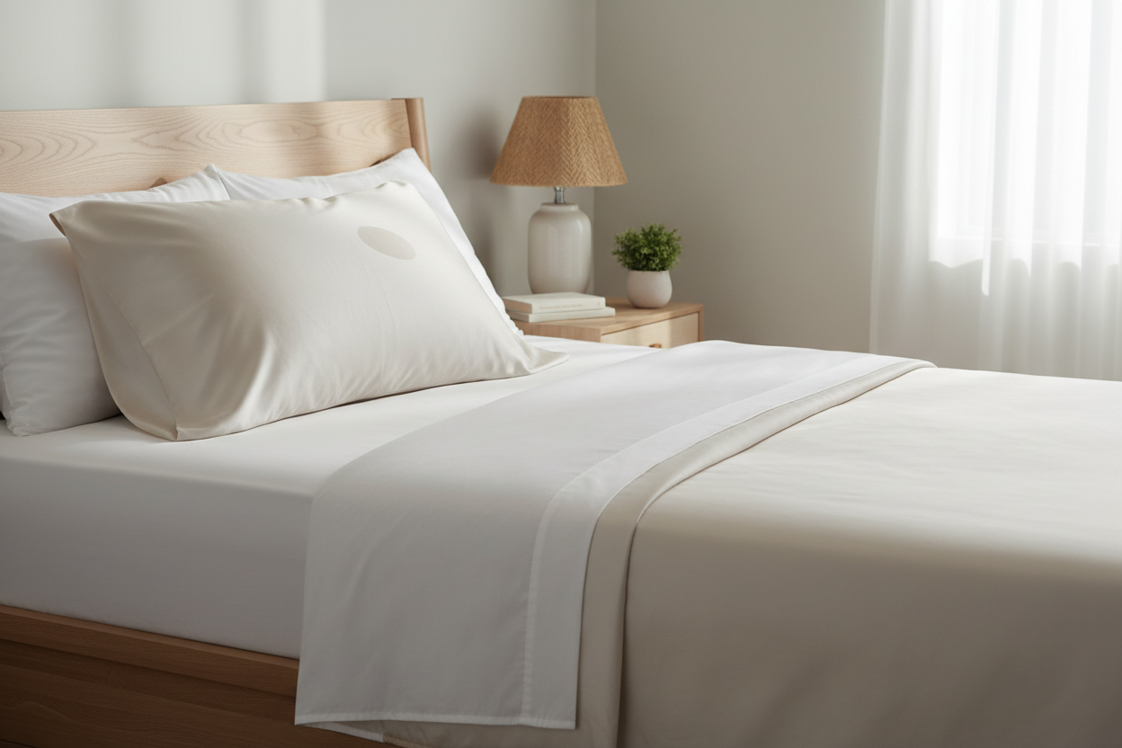 Silk pillowcase on a neatly made bed with a small fresh facial oil mark near the face area