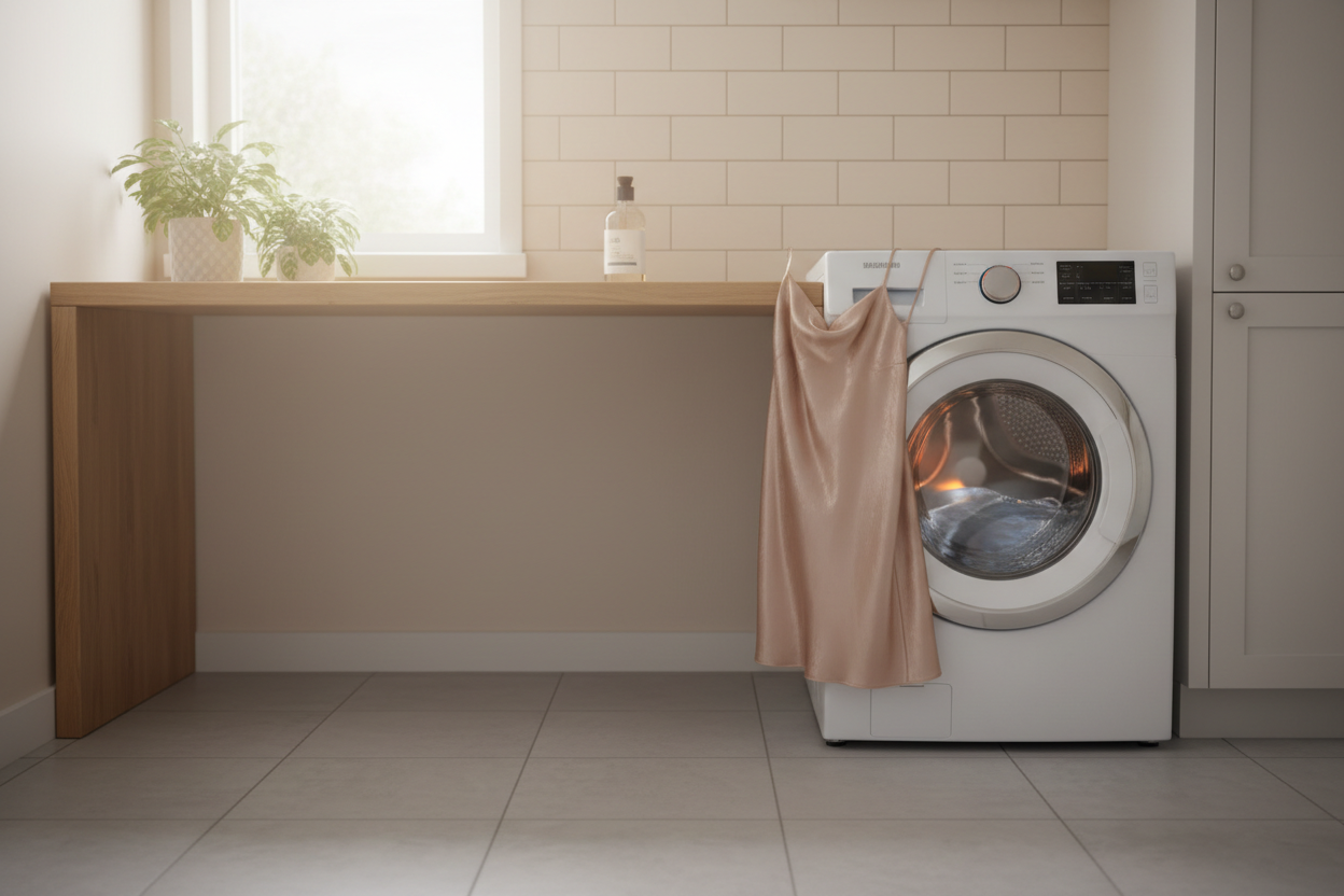 Wash silk in washing machine with the rinse phase heating up, showing a delicate silk garment in a laundry basin beside a front-load washer door