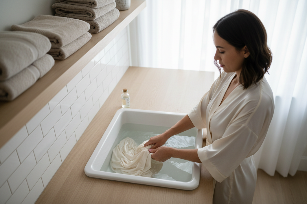 Silk garment being gently hand washed in a clean basin with cool water, shown as a soft lifestyle product scene for delicate laundry care