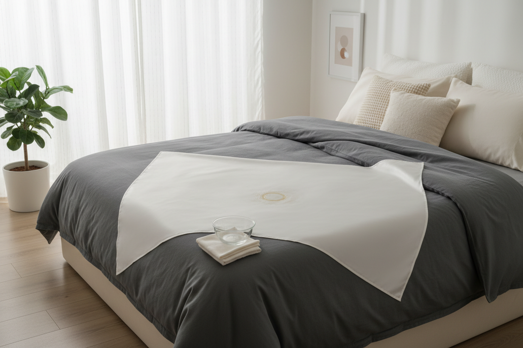 Silk pillowcase on a neatly made bed with a faint oily-looking sleep residue area near the center, showing a gentle fabric-care situation after overnight hair-loss treatment use