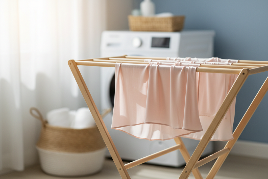 Silk garment laid smoothly on a light surface beside a gentle laundry setup, showing a fresh but delicate fabric care scene