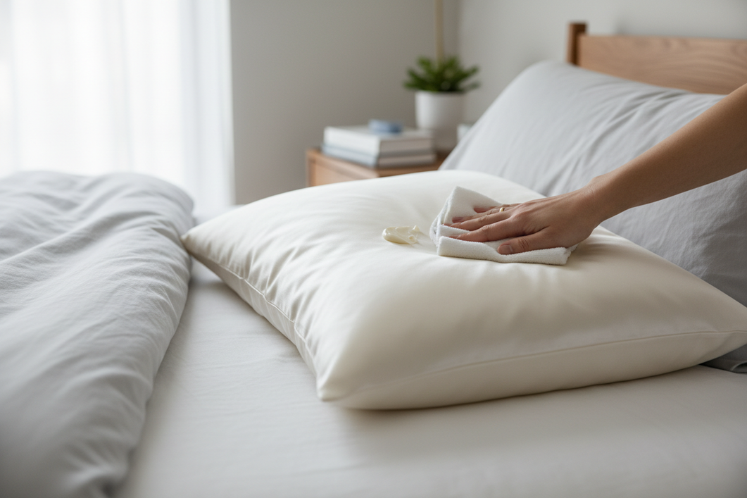 Silk pillowcase on a bed with a small skincare cream spill being gently blotted with a soft white cloth