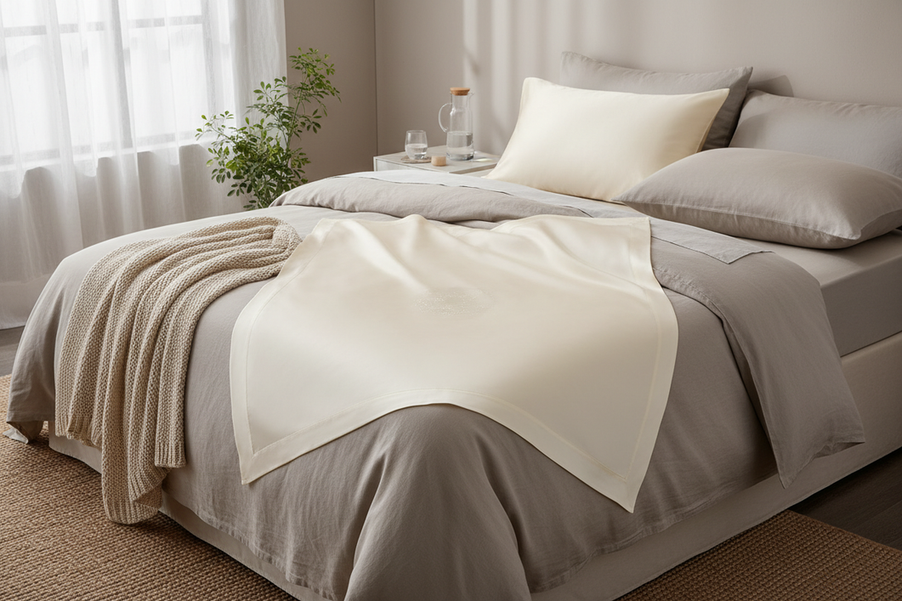 Silk pillowcase on a bed with a faint oily residue near the face-contact area, shown in a clean bedroom setting