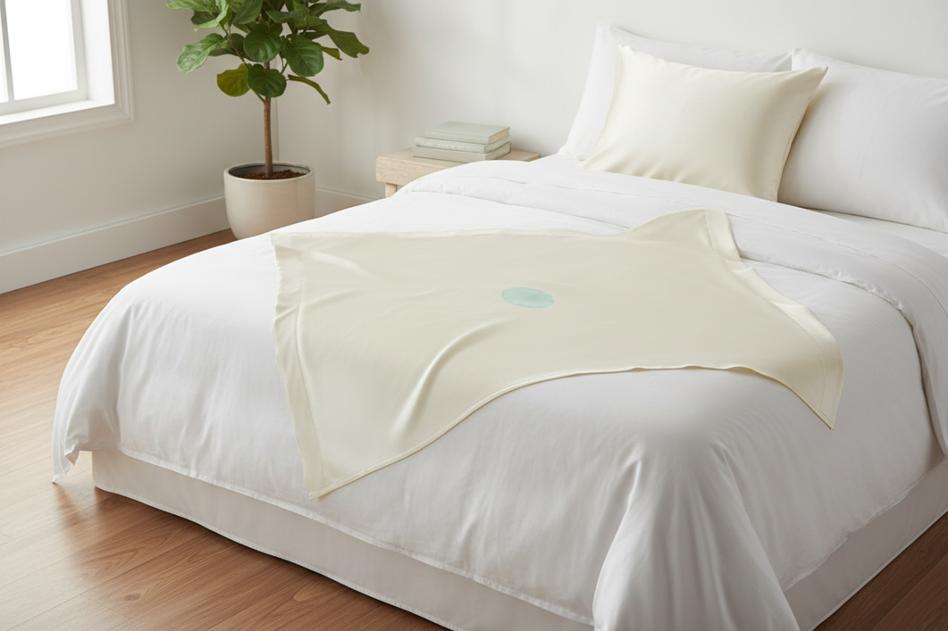 A white silk pillowcase with a faint blue-green skincare stain on a bed, shown as a soft editorial hero image
