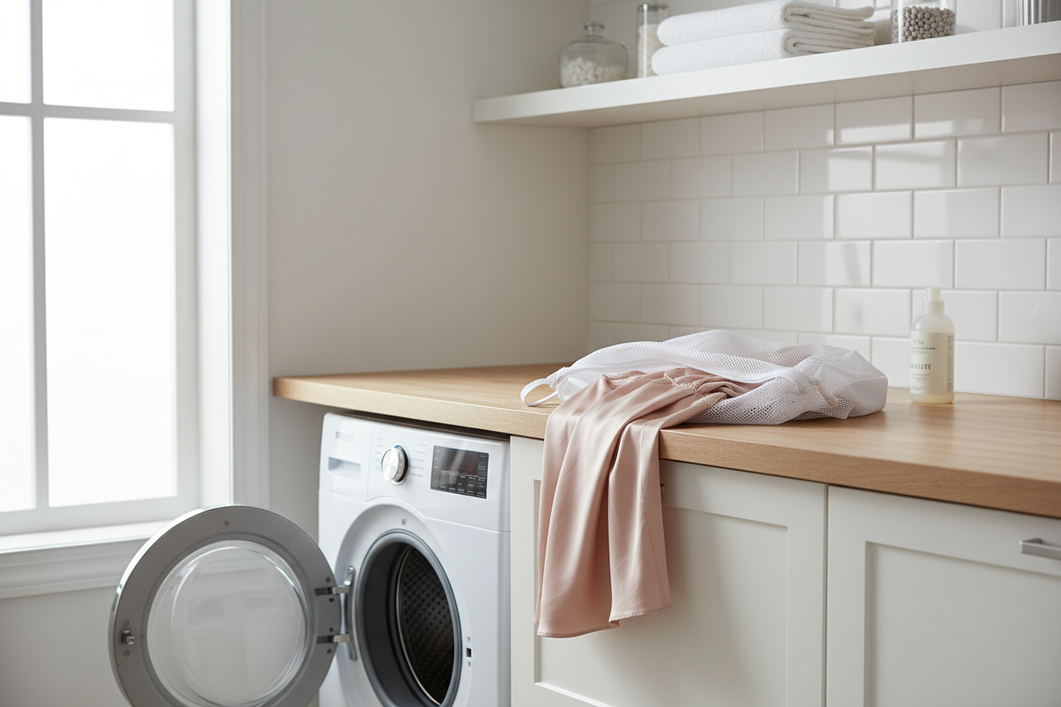 A silk garment resting in a laundry mesh bag beside a modern front-load washer, showing a gentle machine-wash setup.