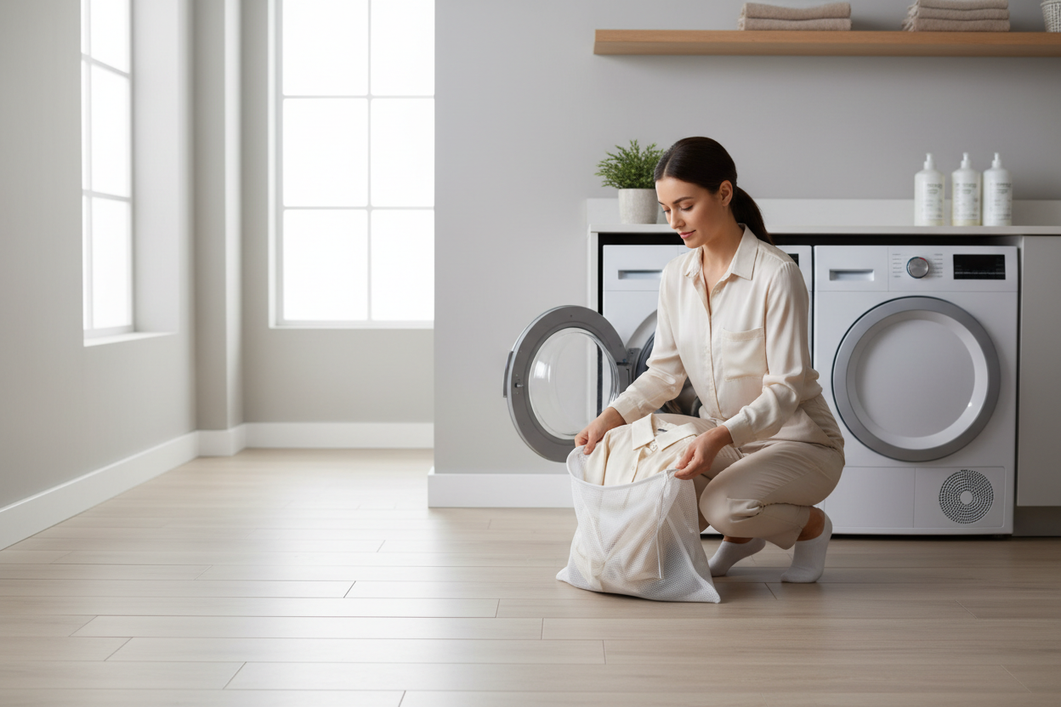 A delicate silk garment being placed into a mesh laundry bag beside a washing machine in a bright laundry room