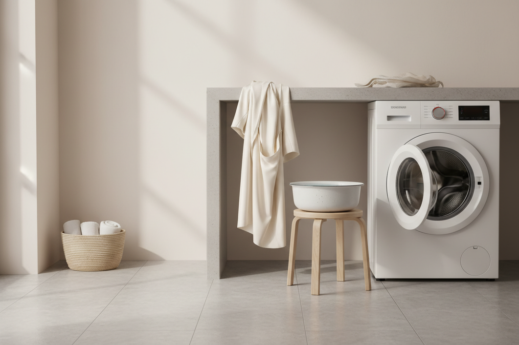 Soft silk garment laid beside a front-loading washing machine with a delicate wash bag and a small basin of cool water nearby