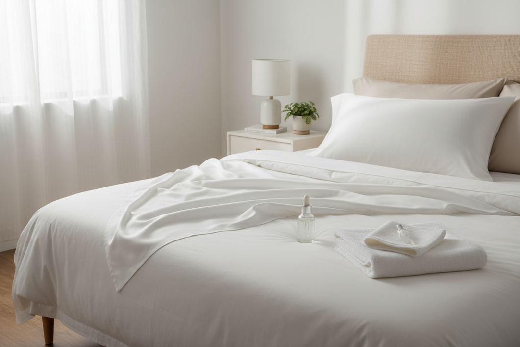 Silk pillowcase on a neatly made bed beside a small skincare bottle and clean towel in a bright bedroom
