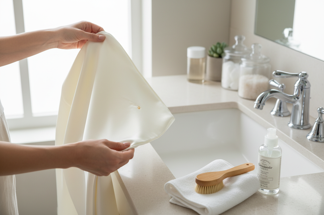 Silk pillowcase with a small residue spot being gently inspected beside a basin and soft cloth before washing