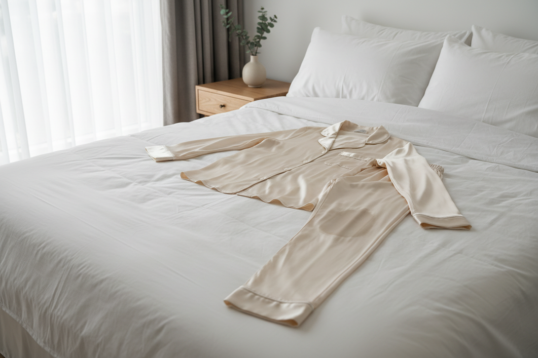 Silk pajamas laid neatly on a bed with one visibly shiny area on the fabric after washing