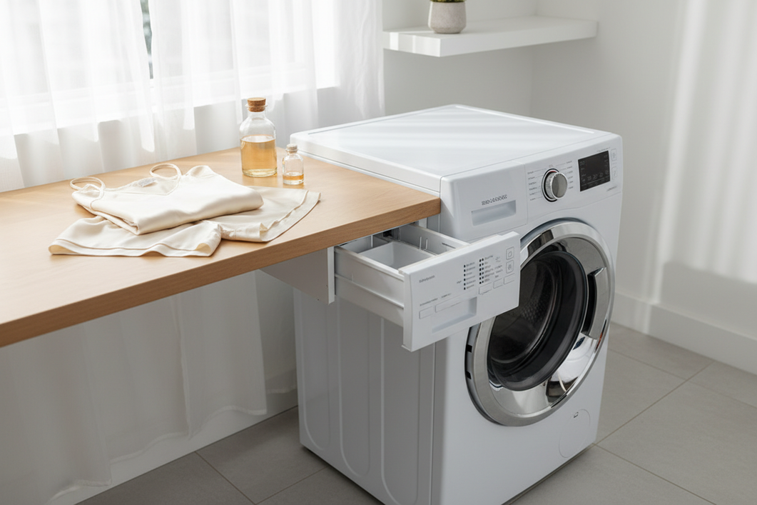 Silk pajamas laid beside a modern front-loading washing machine with the detergent drawer open, showing a delicate laundry setup without visible fragrance products